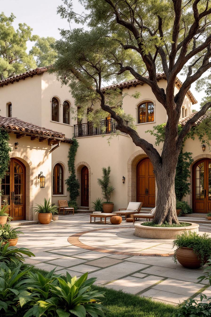 Elegant Spanish courtyard with arches and lush greenery
