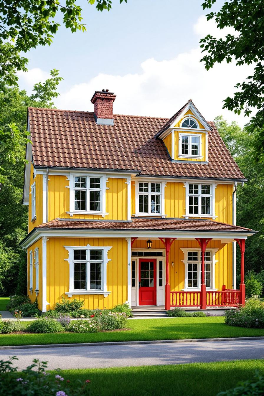 Bright yellow wooden house with a red door and trim