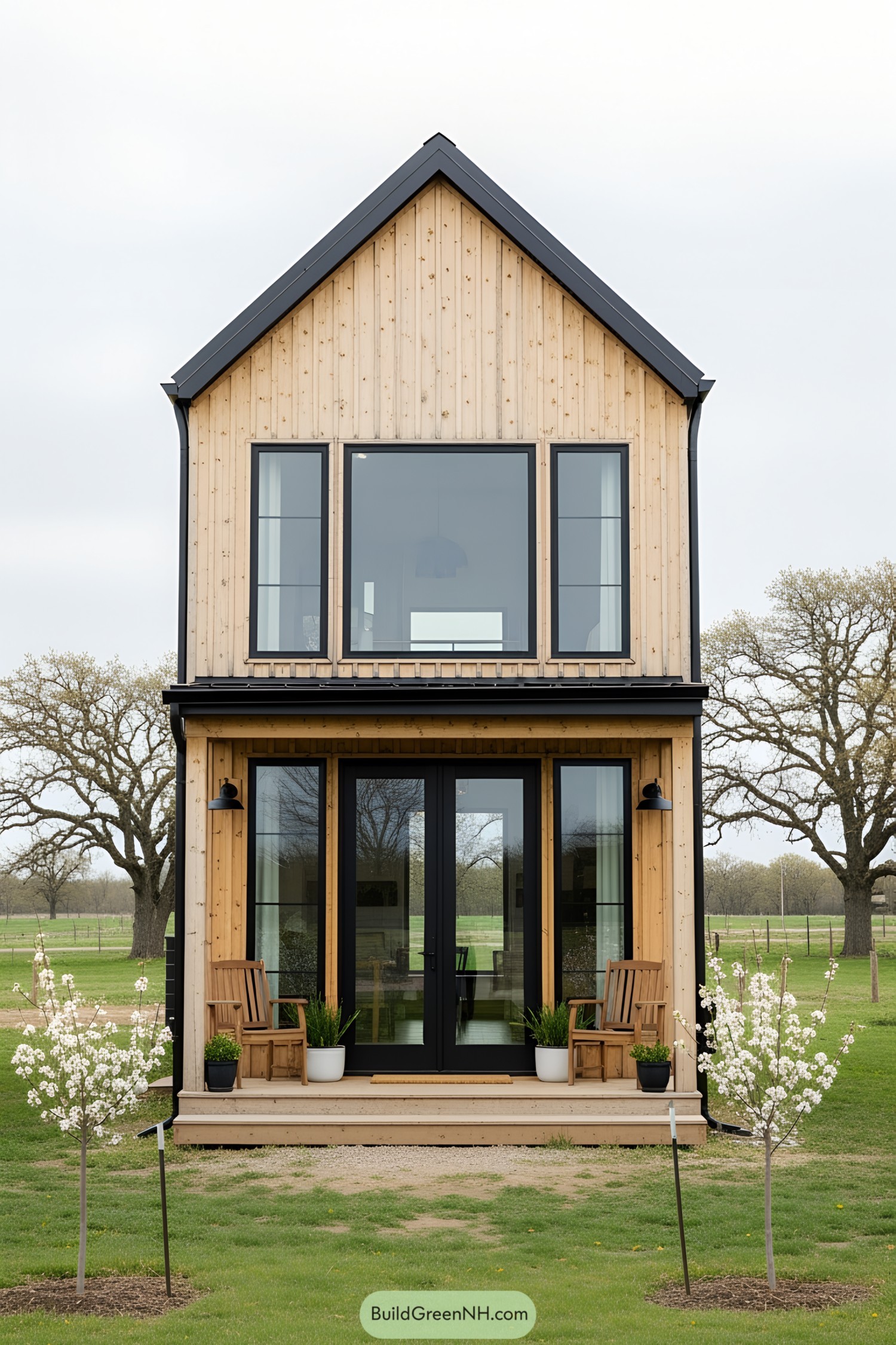 Tiny rustic house with large windows and wooden exterior