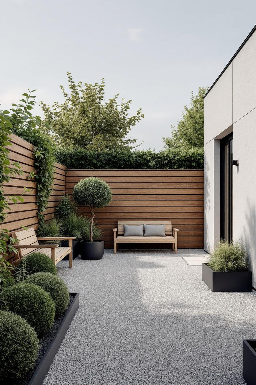 Modern courtyard with wooden benches and potted plants