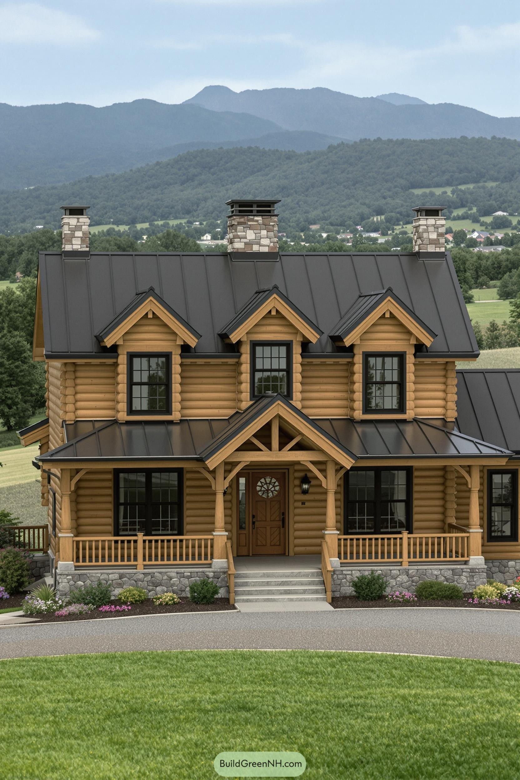 Log cabin style farmhouse with mountains in the background