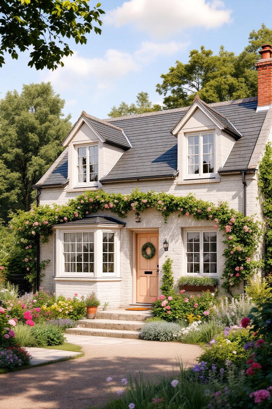 Cozy cottage with blooming flowers and charming roof