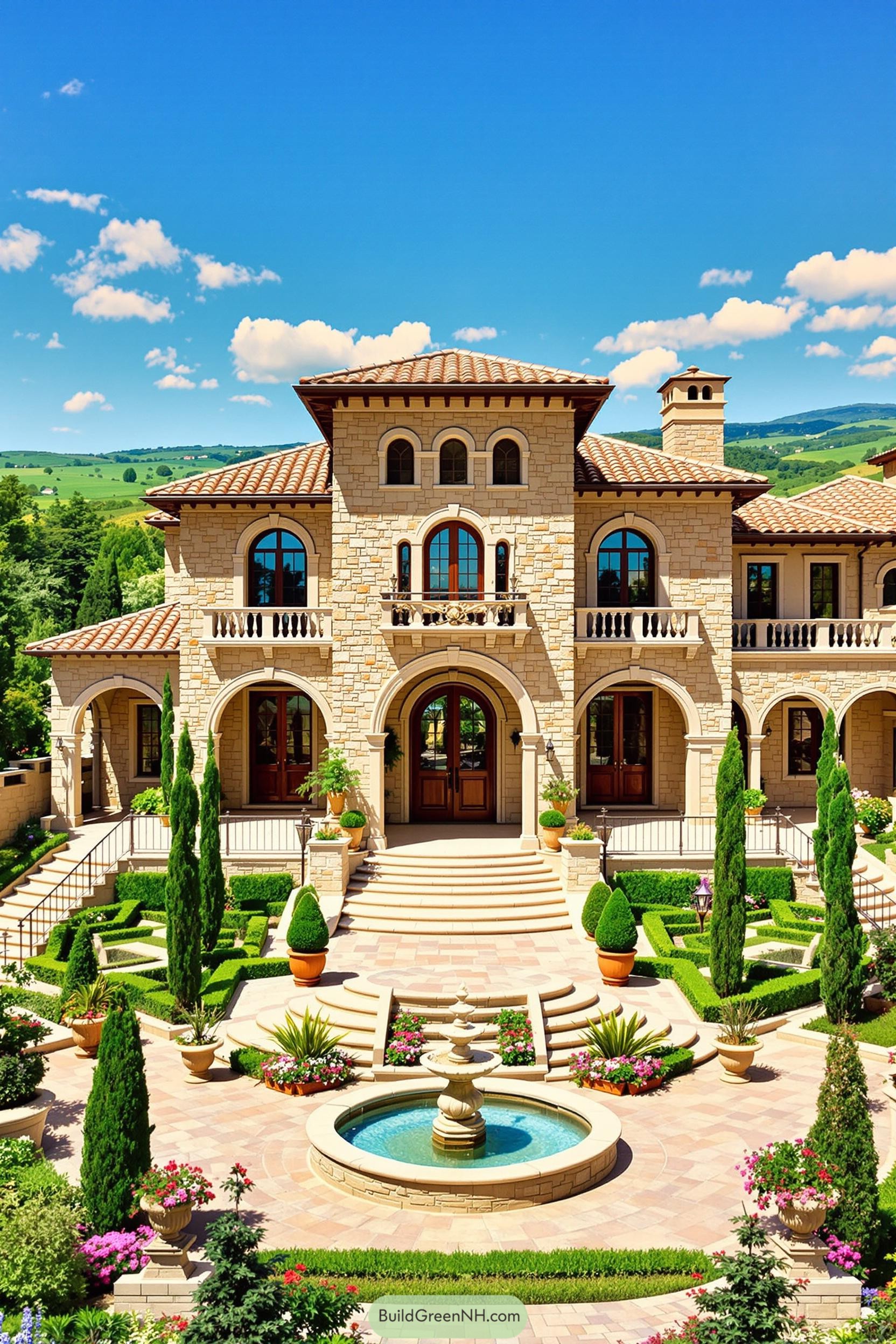 Elegant stone mansion with lush garden
