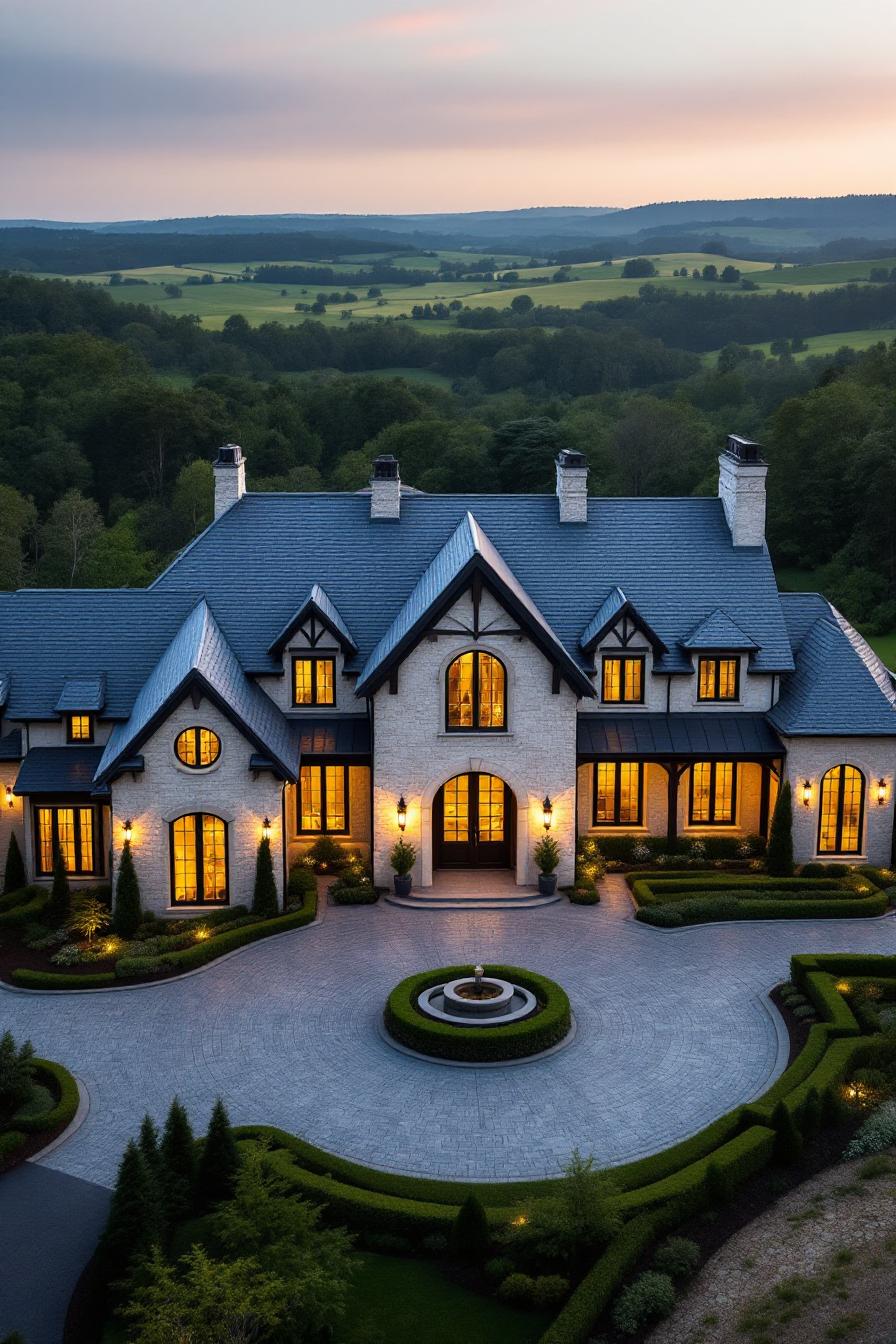 Elegant farmhouse surrounded by lush countryside at twilight