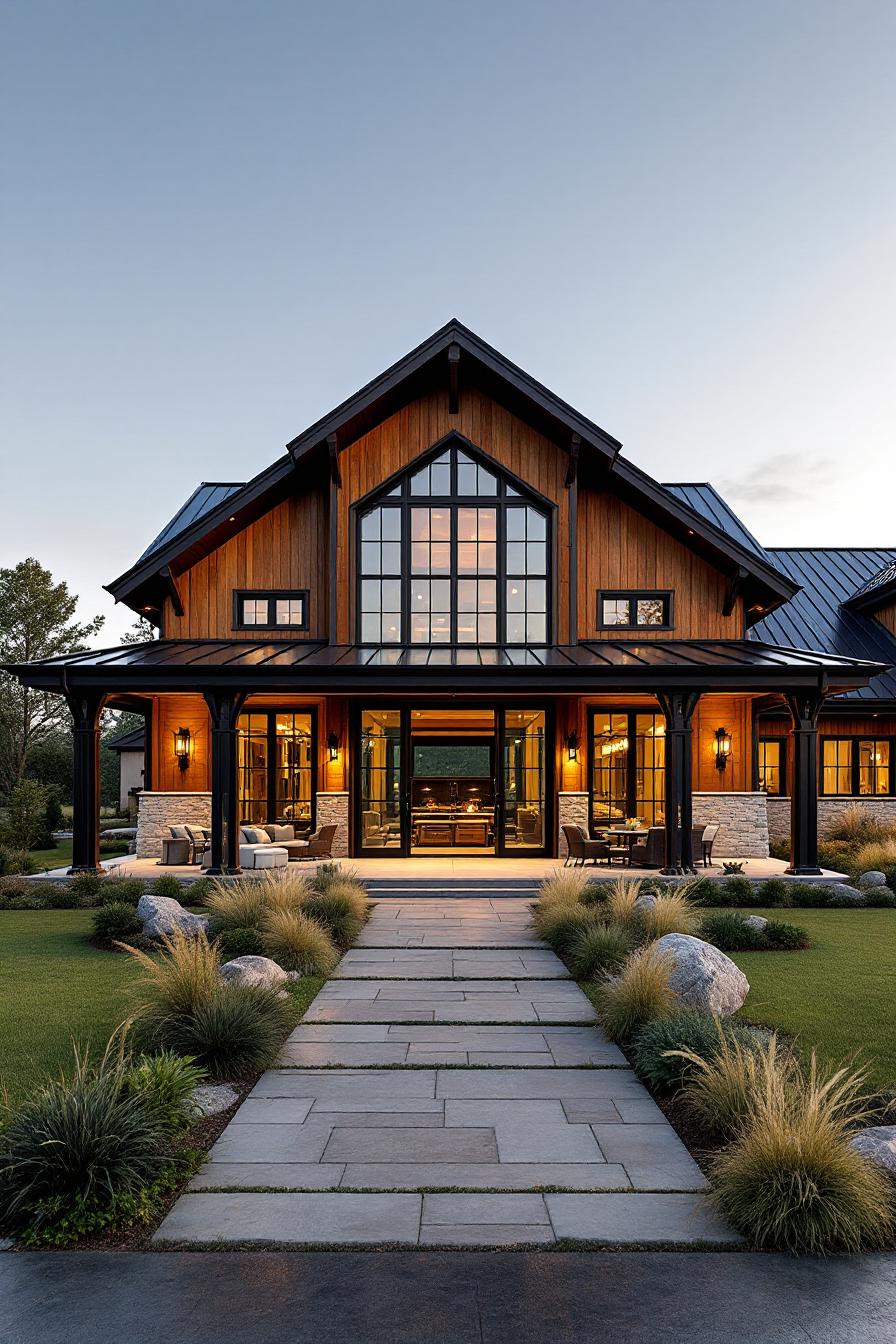 Elegant barndominium with warm lights and a cozy porch