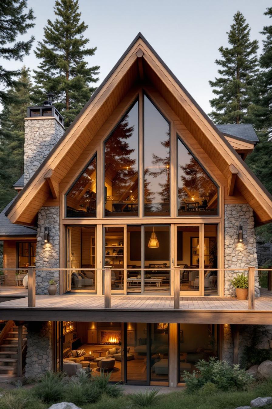 Elegant timber cabin with large windows and stone chimney