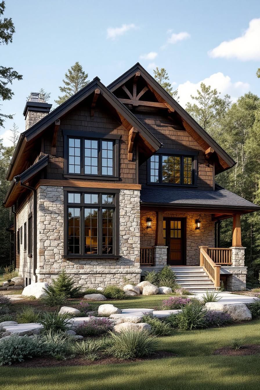 Rustic stone house with wooden beams and lush greenery