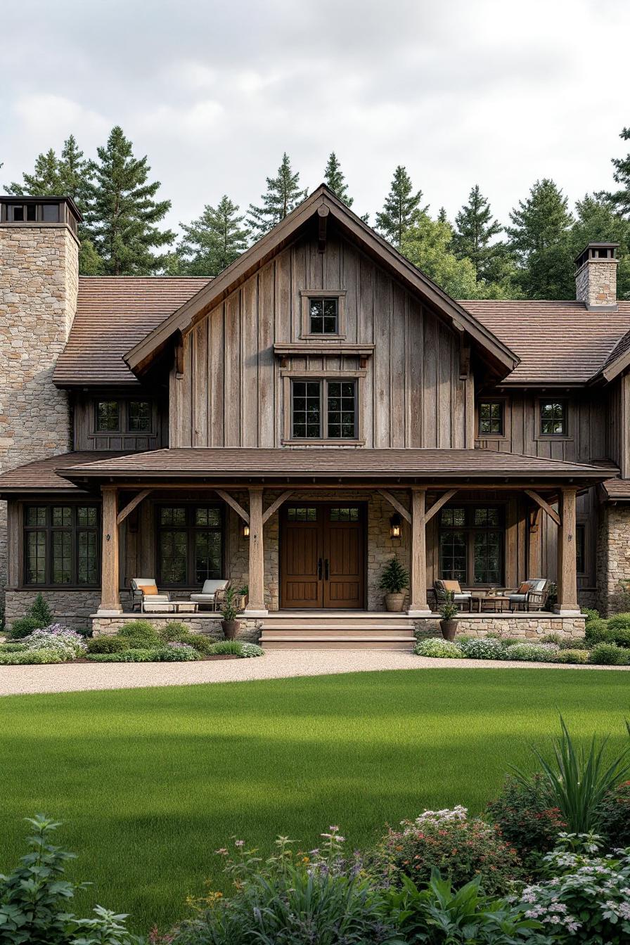 Cozy wooden house with lush green lawn