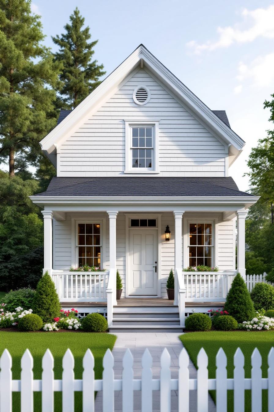 Quaint white cottage with front porch and garden