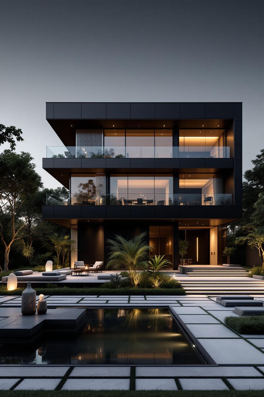 Modern black luxury house with glass balconies and sleek design
