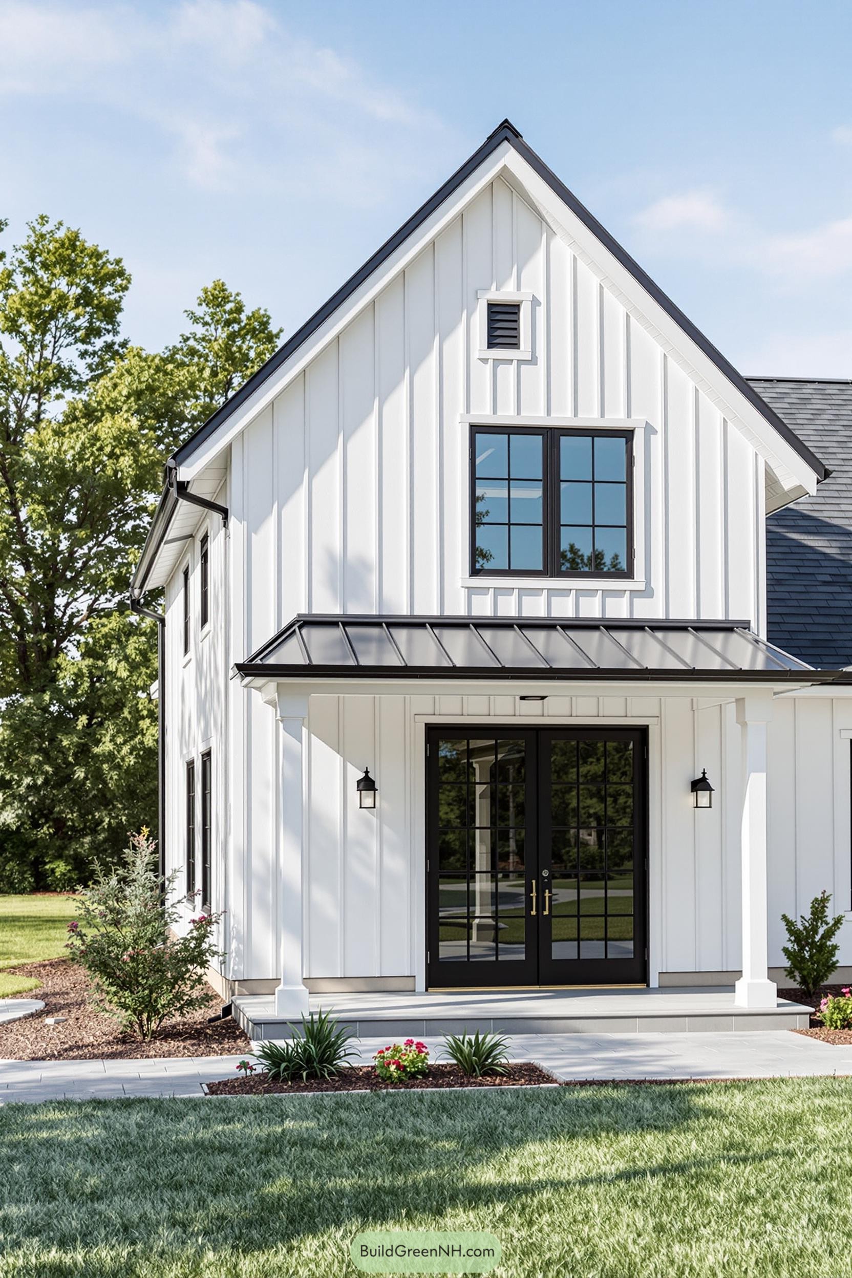 White two-story farmhouse with black accents and lush greenery