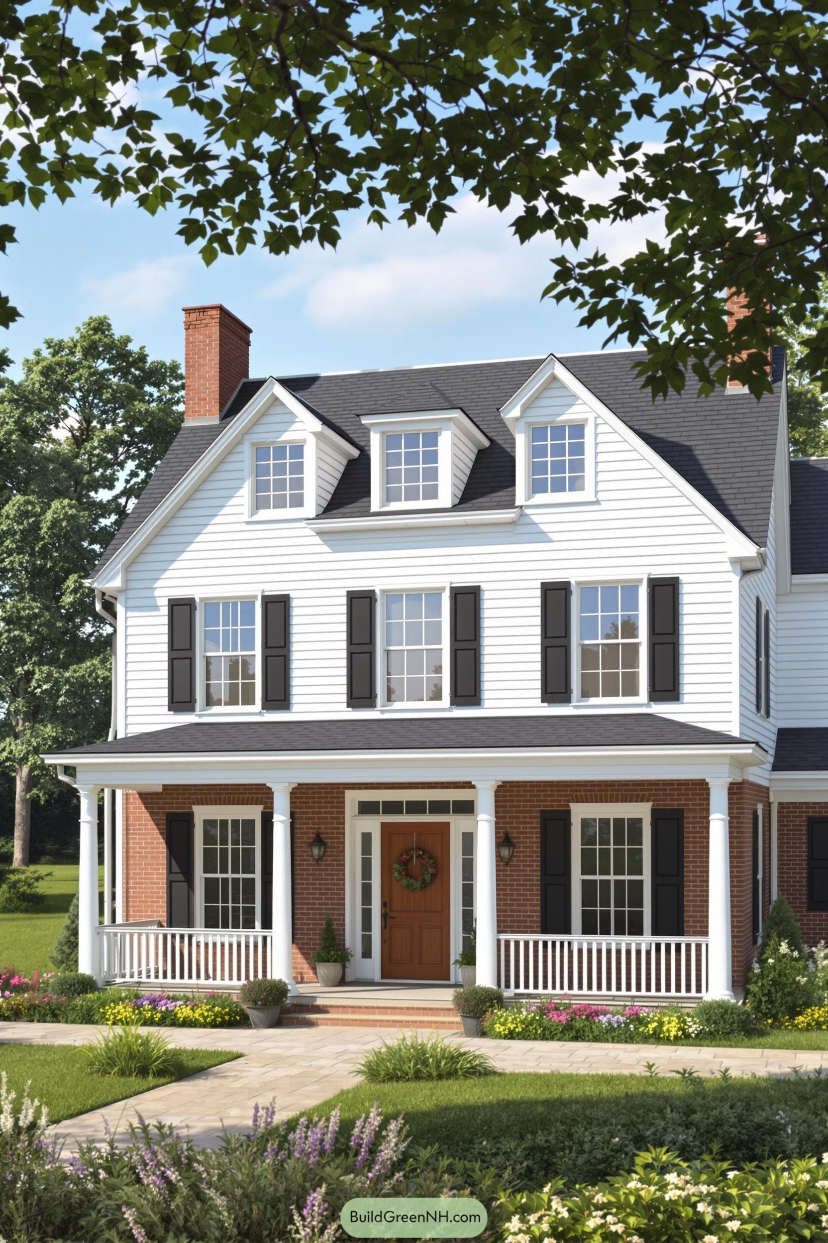 Charming white house with black shutters and a welcoming front porch