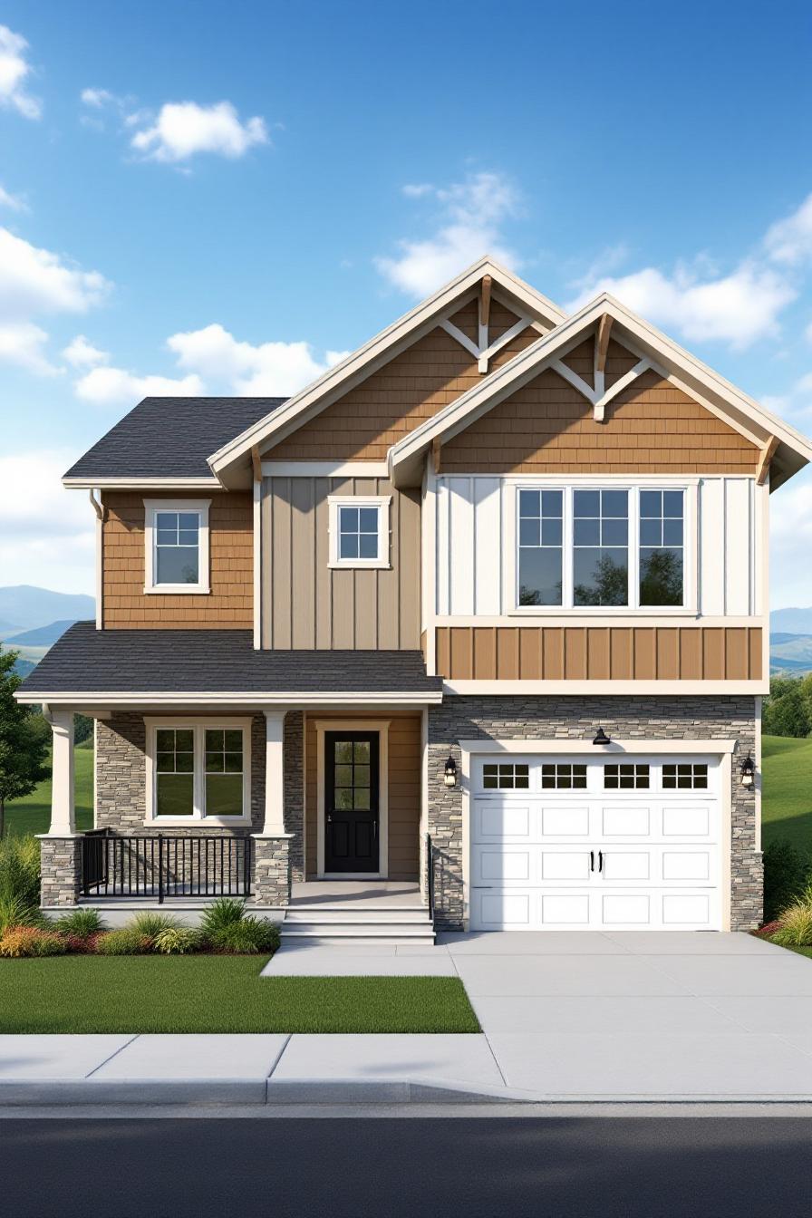 A cozy Craftsman home with a stone façade, peaked roofs, and a charming porch