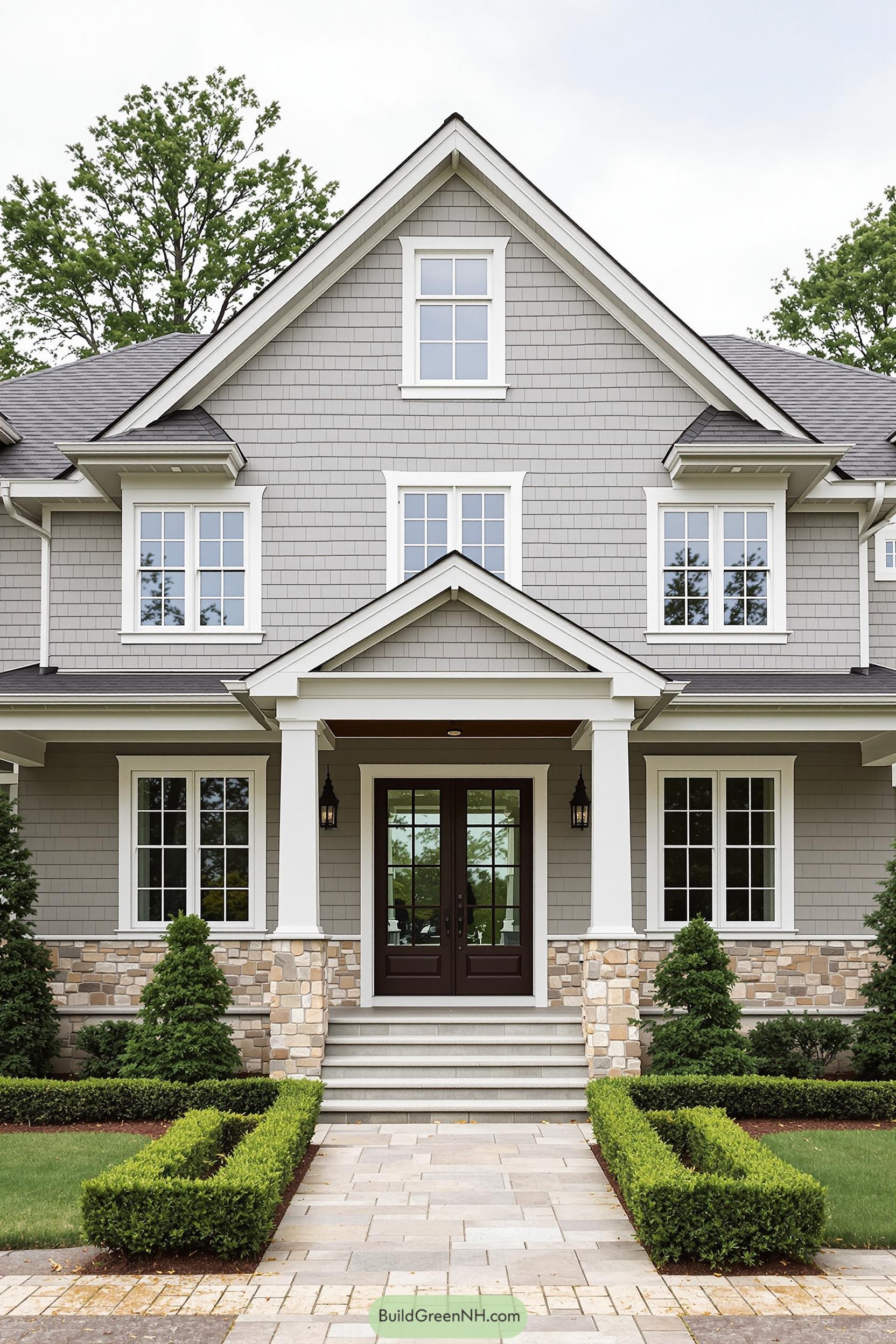 Front view of a gray farmhouse with stone accents and lush landscaping