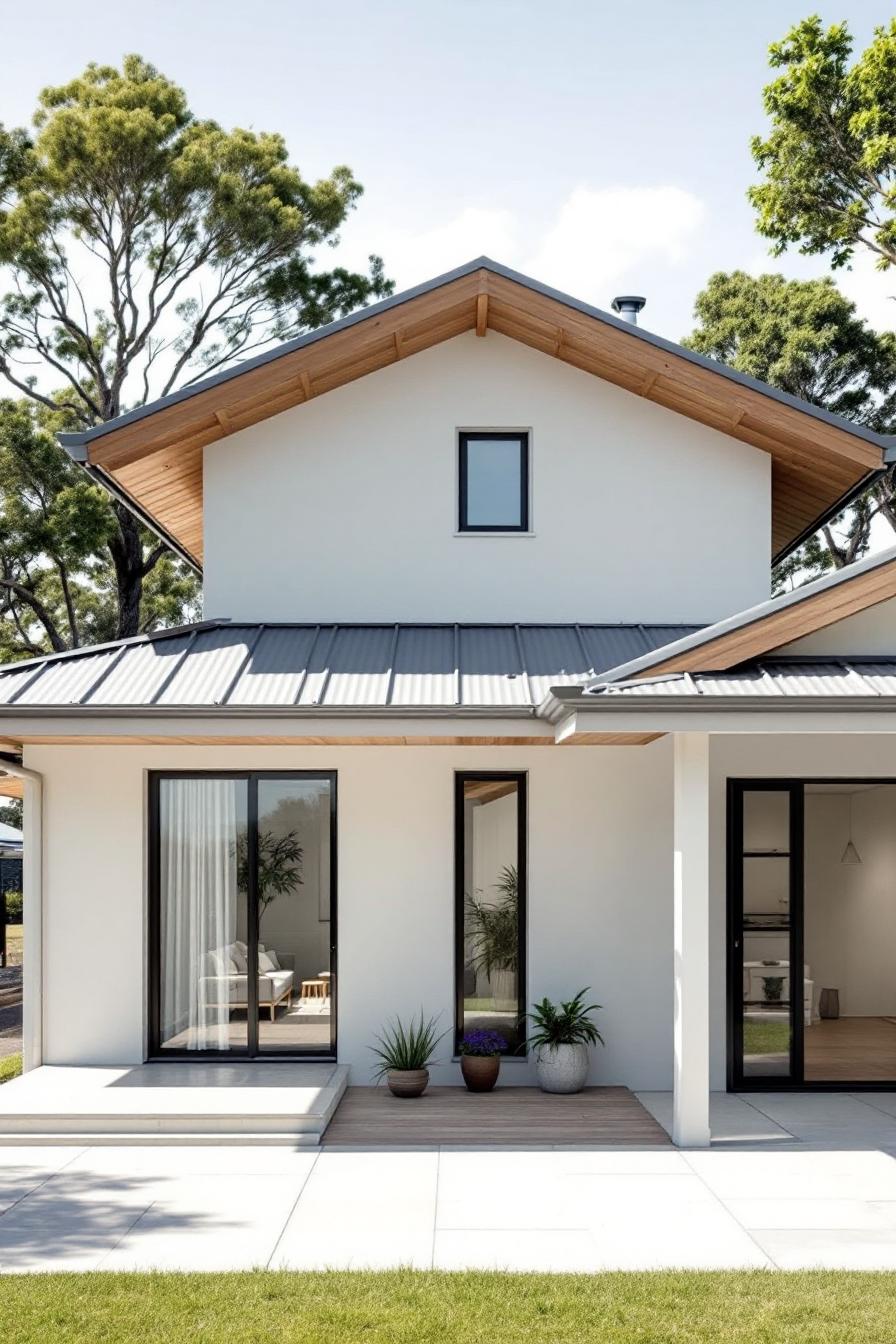 Modern white house with sleek lines and a wooden roof