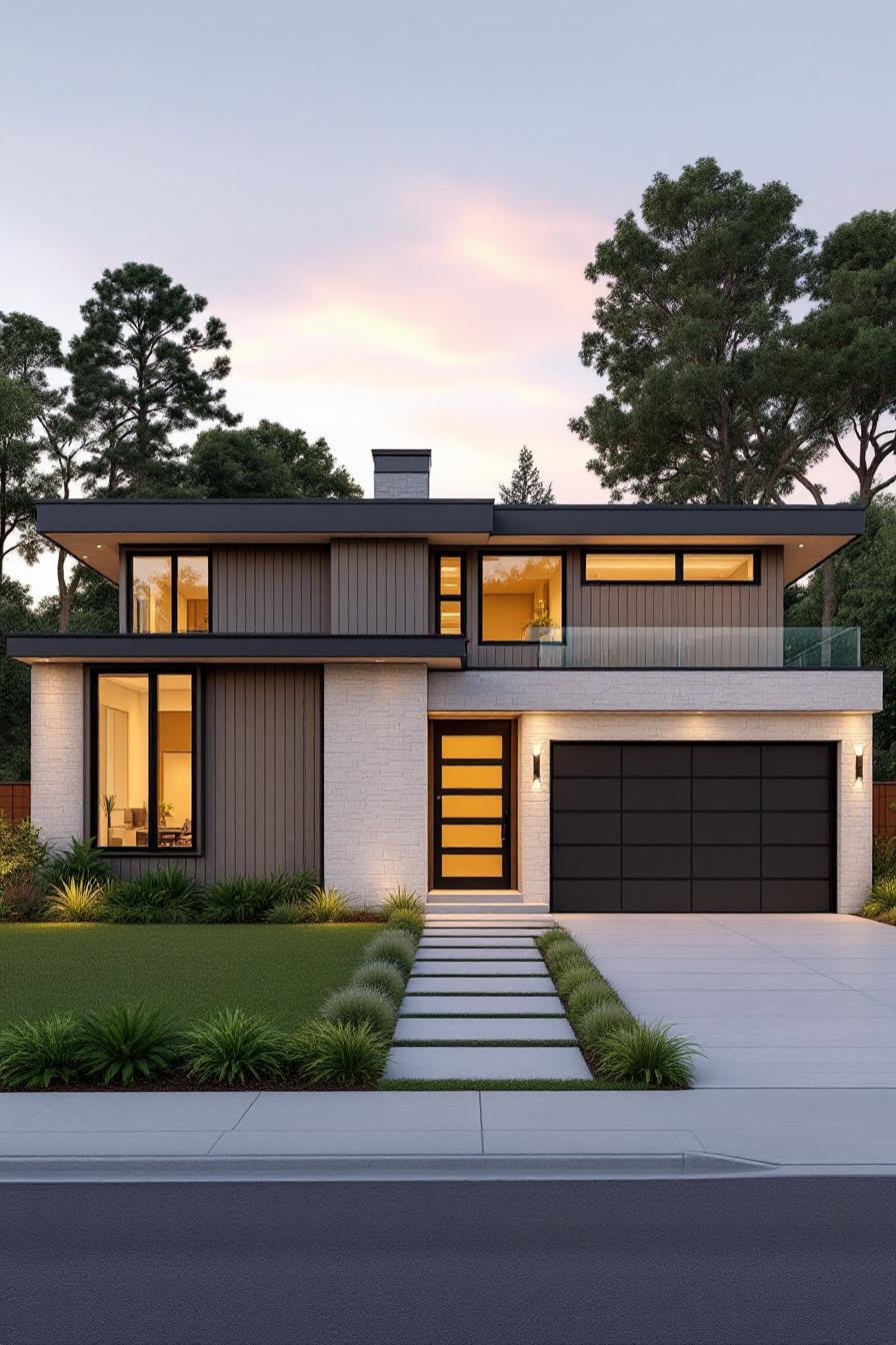 Two-story modern bungalow with large windows and a sleek design