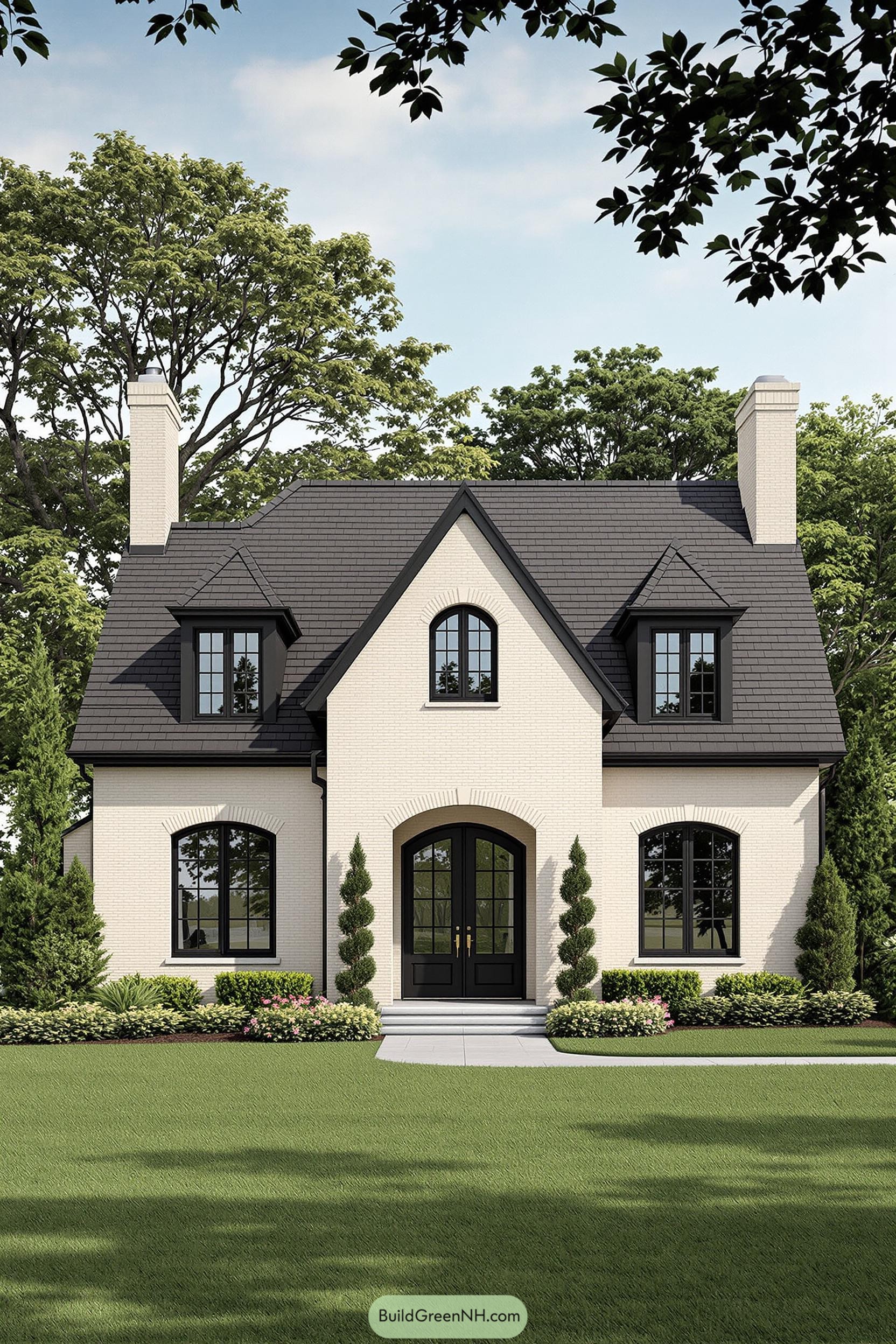 Charming house with black roof and arched windows