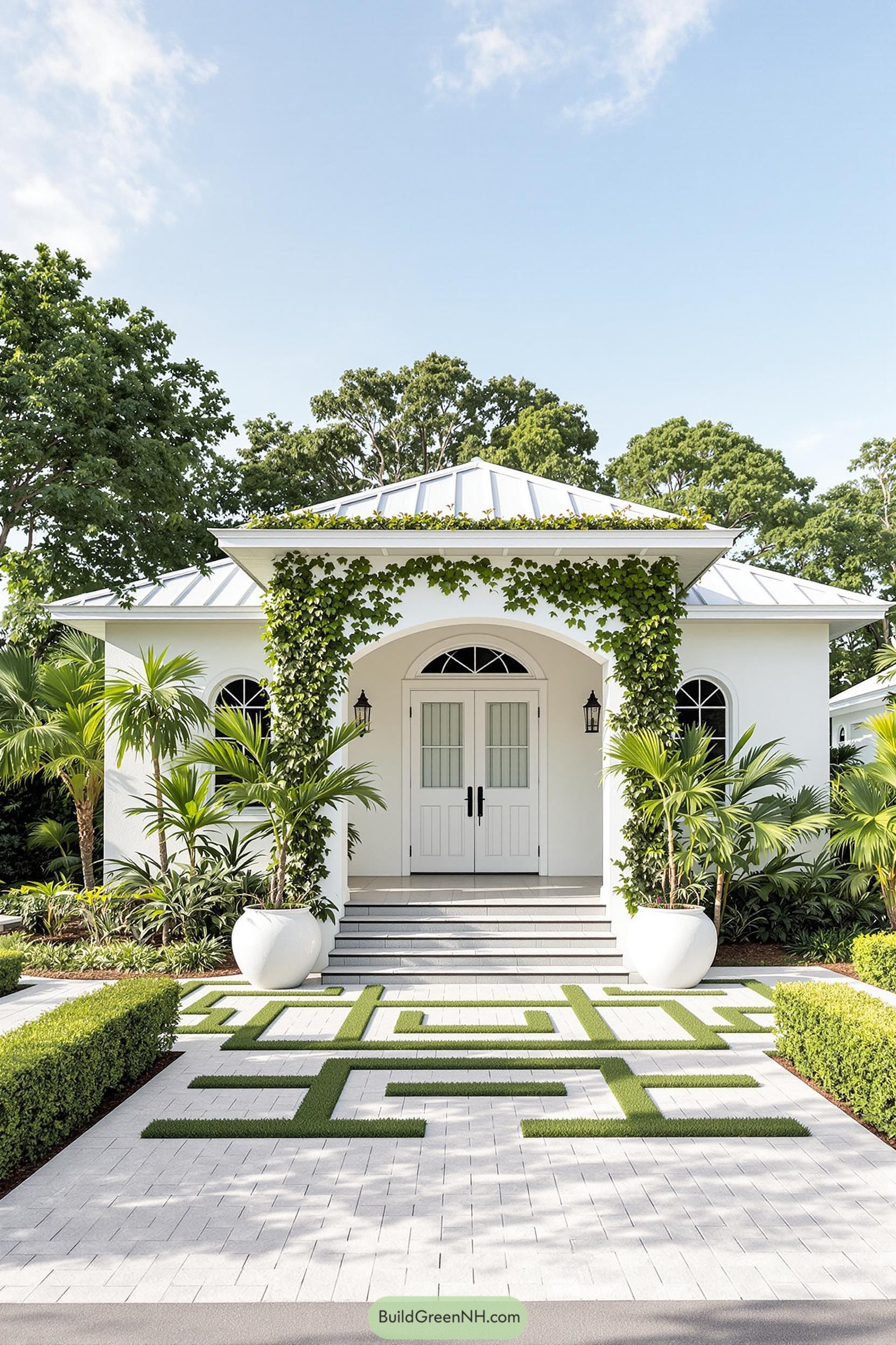 White bungalow with lush greenery and symmetrical front yard