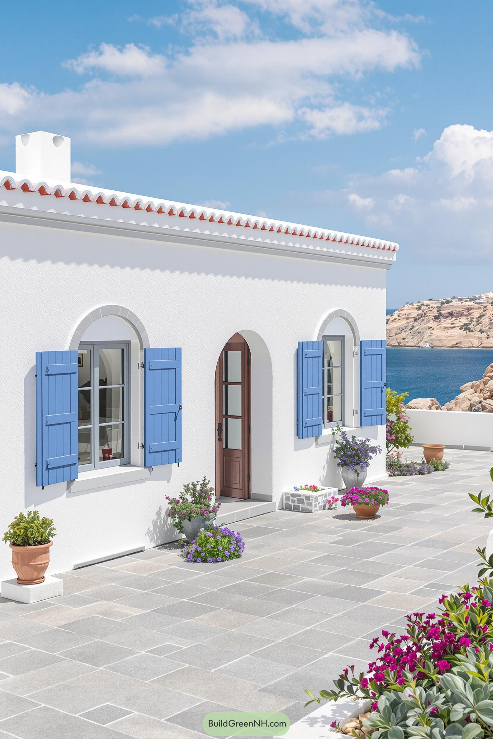 White cottage with blue shutters overlooking the sea