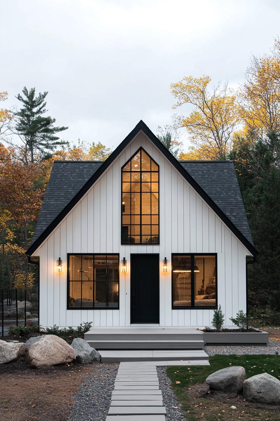 White A-frame house with large windows and warm lighting