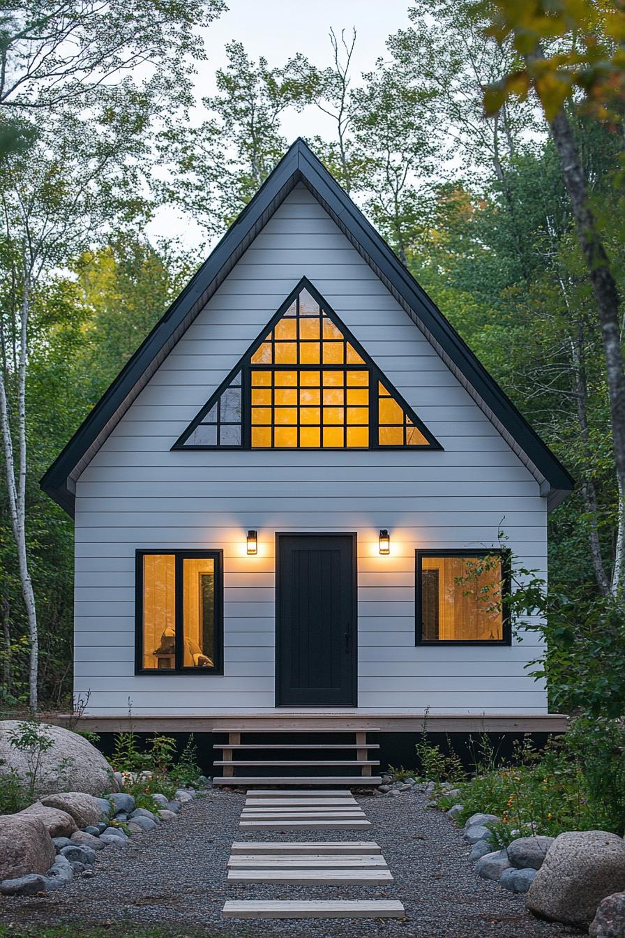 Charming white cottage with glowing windows, surrounded by trees