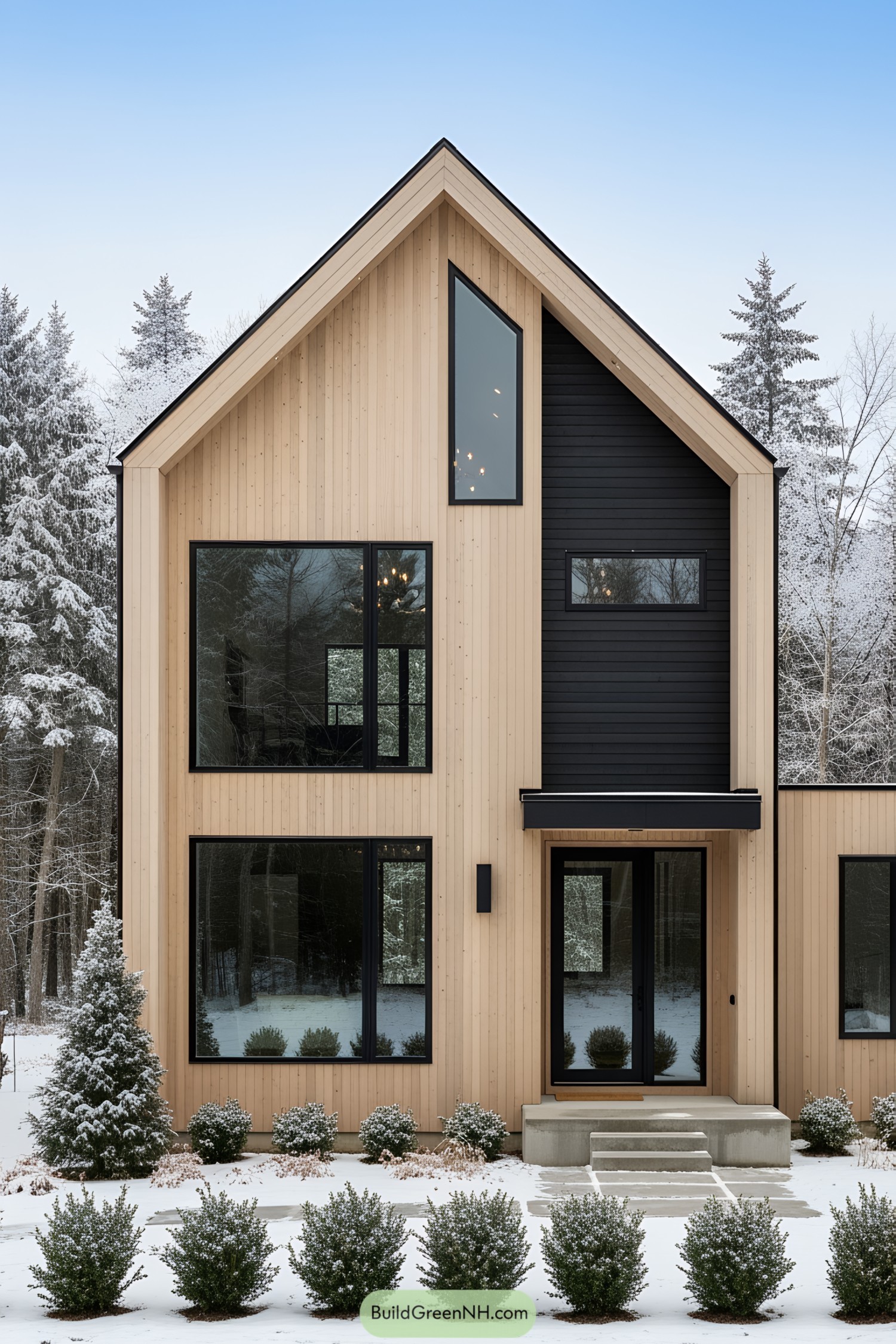 Modern Scandinavian farmhouse with wooden exterior and black accents