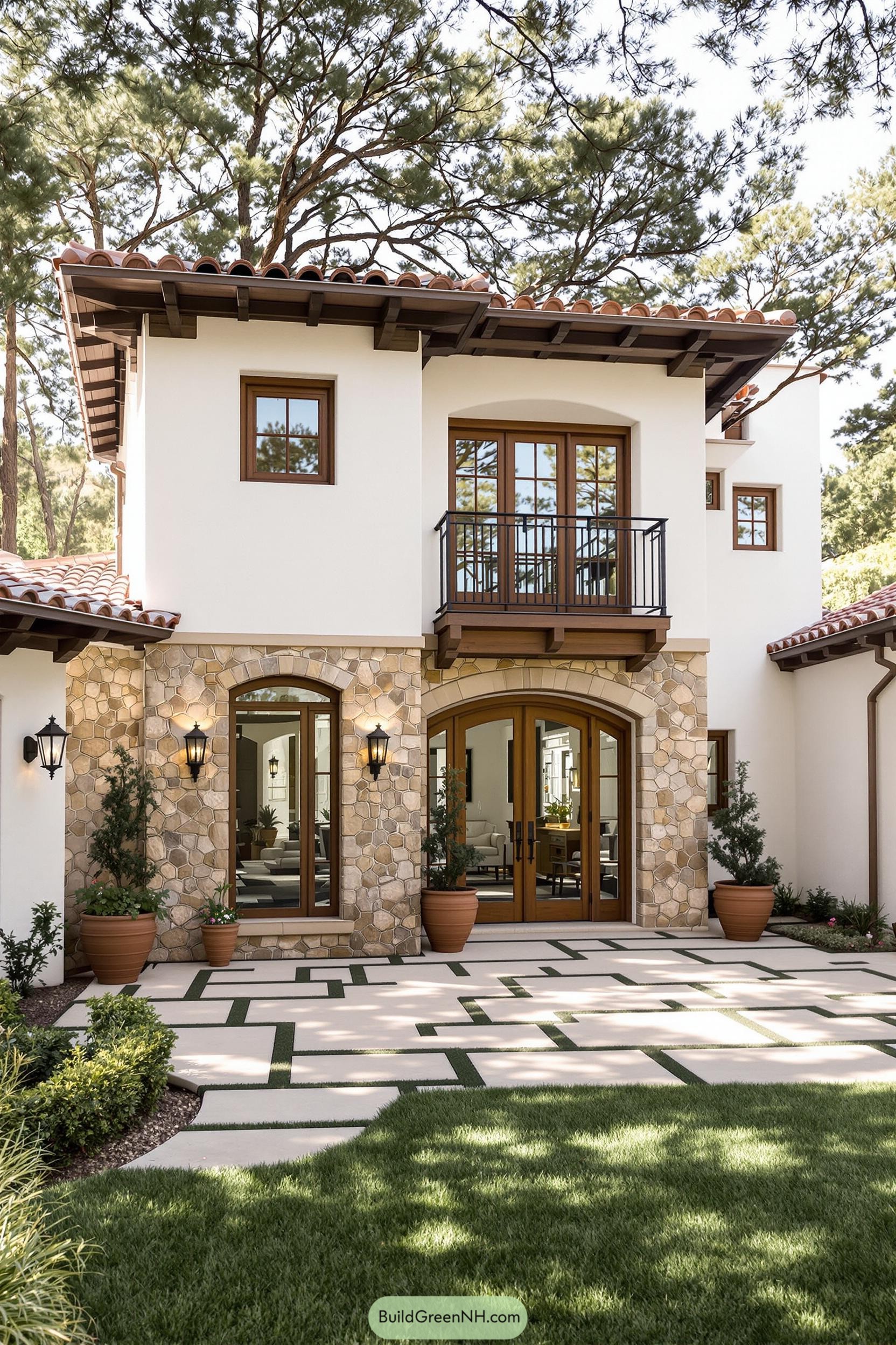Exterior of a Spanish Revival house with terracotta and stone accents