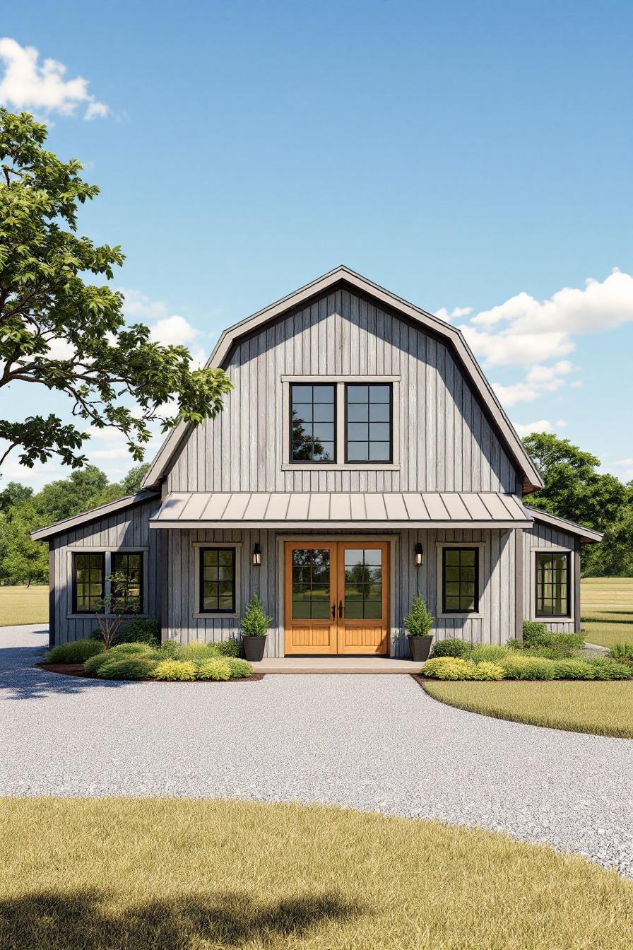 Rustic house with a barn-like design and elegant landscaping
