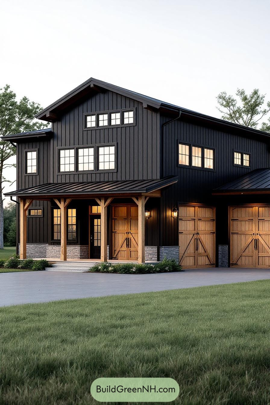 Black barn with wooden accents and shop