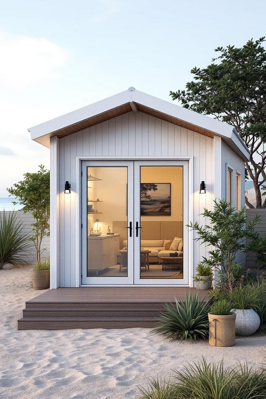 Small beach shack with white siding and glass doors