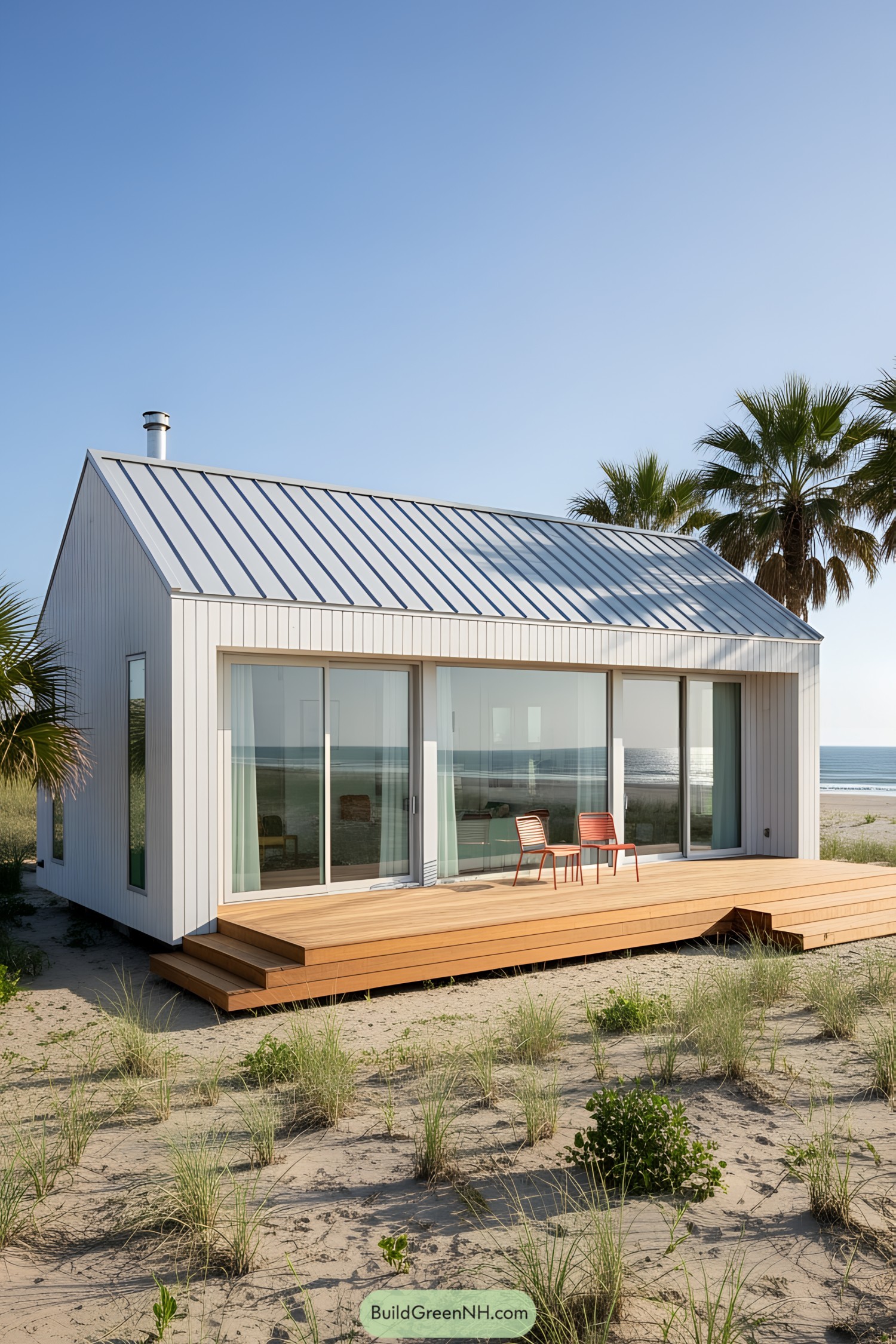 Modern bungalow with glass doors and deck