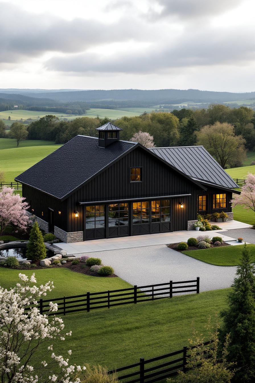 Sleek black barn with large glass doors, surrounded by lush greenery