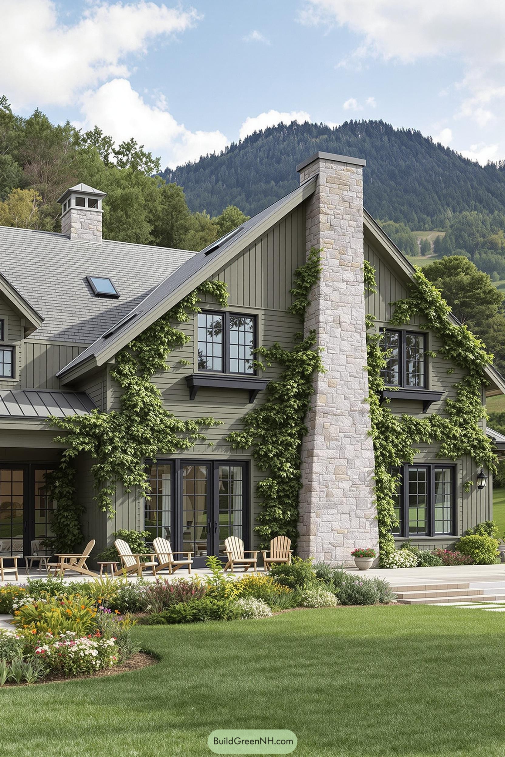 A craftsman house with vines and mountain view
