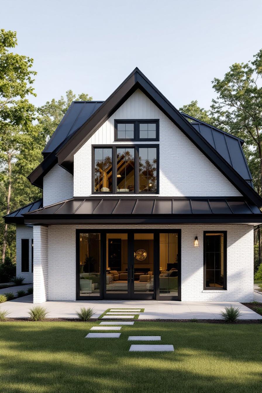 Modern country house with a black metal roof and large windows