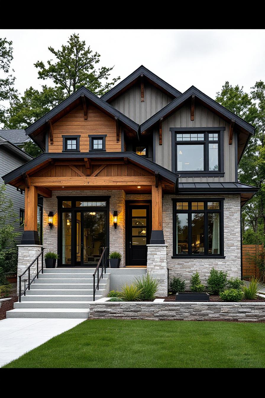 Charming craftsman-style home with warm wooden accents and inviting entrance