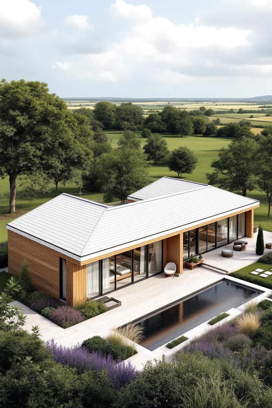 Modern wood-clad cottage with a pool and large windows