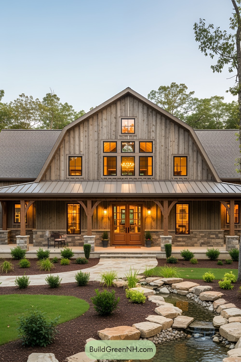 Rustic barndominium with warm lights and charming landscape
