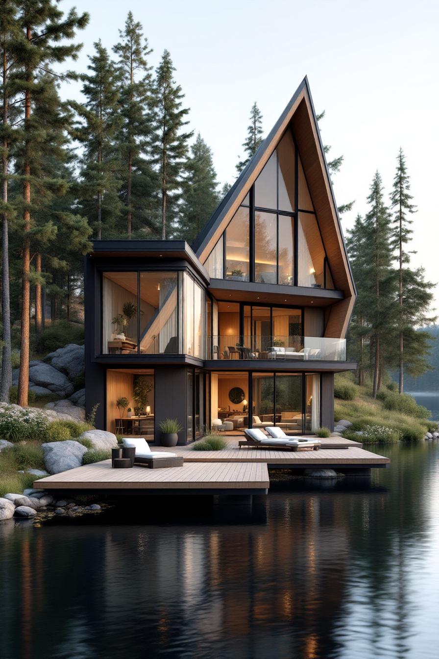 Contemporary house with large windows reflecting on a tranquil lake
