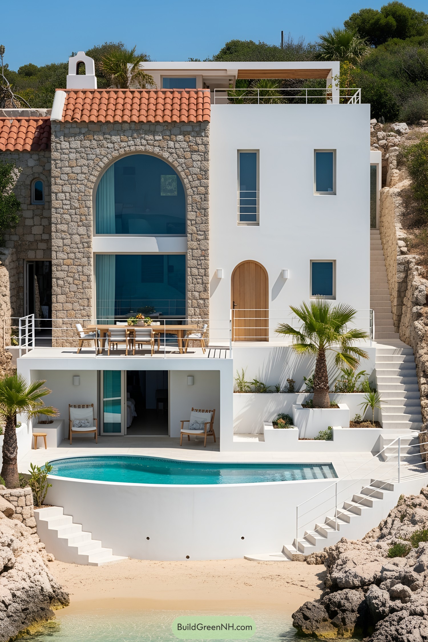 Modern beach house with pool, palm trees, and ocean backdrop