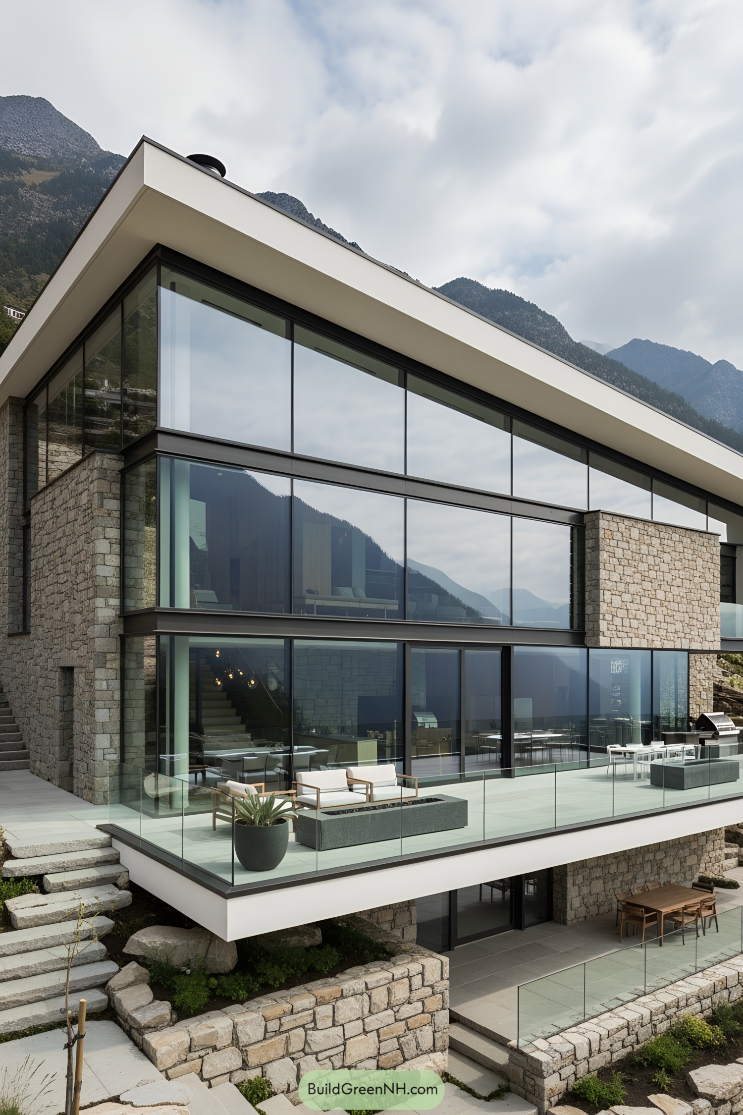 Modern villa with large glass windows amidst mountains