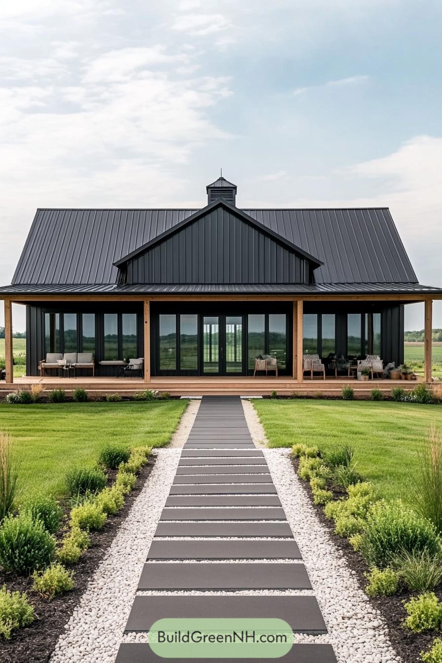 Contemporary barn house with sleek metal roof and porch