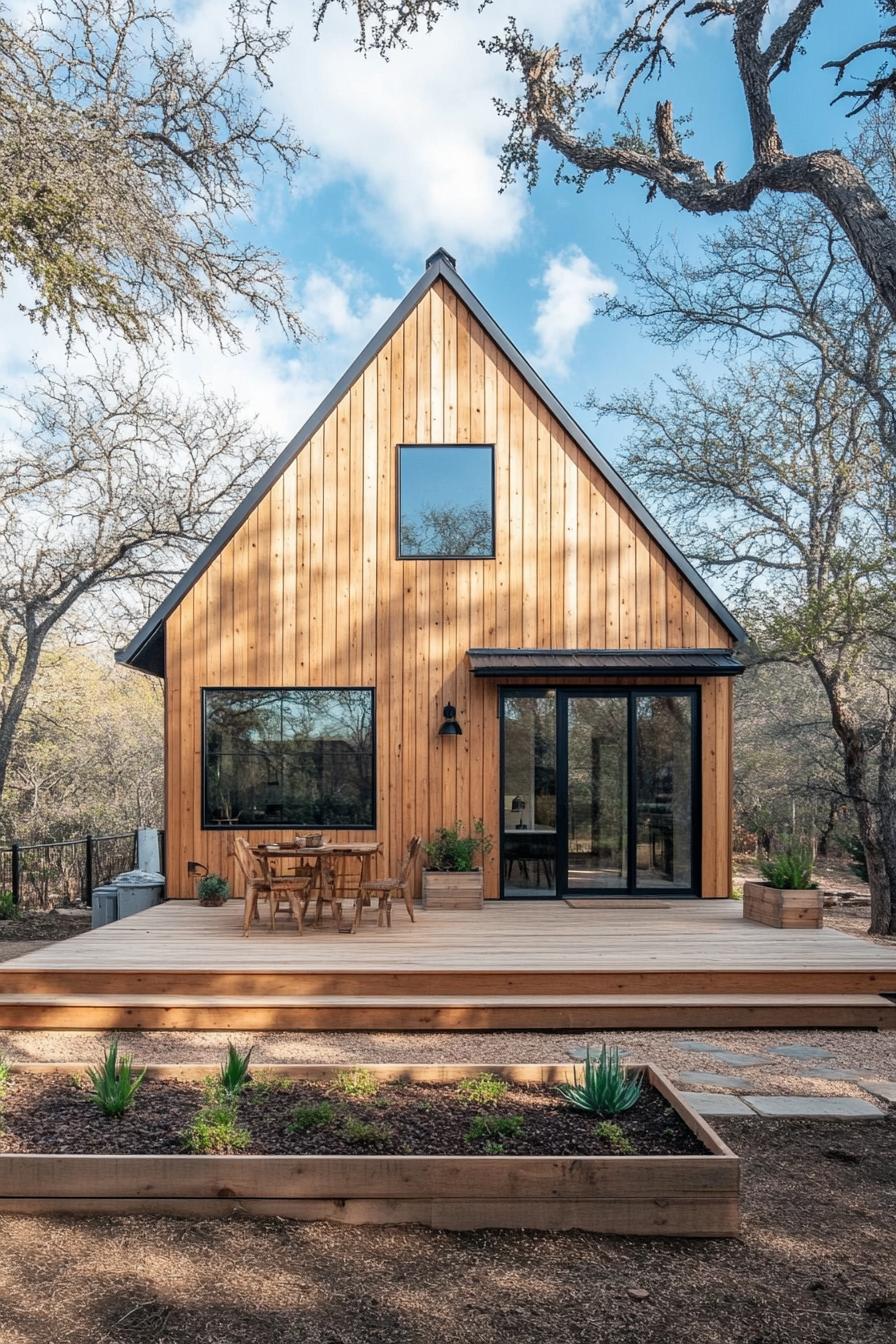 Wooden house with patio and garden beds