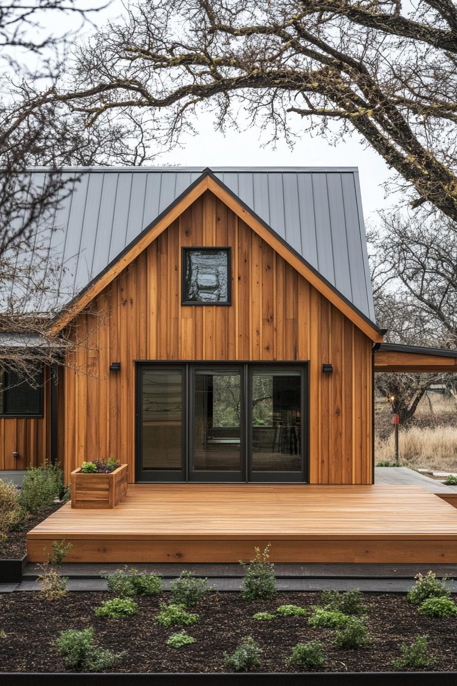Small wooden barndominium with metal roof