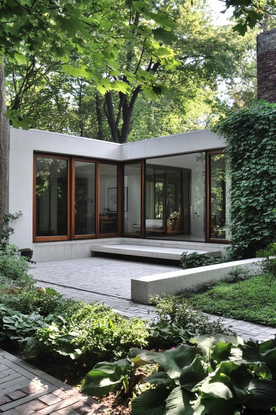 Sunken courtyard with lush greenery