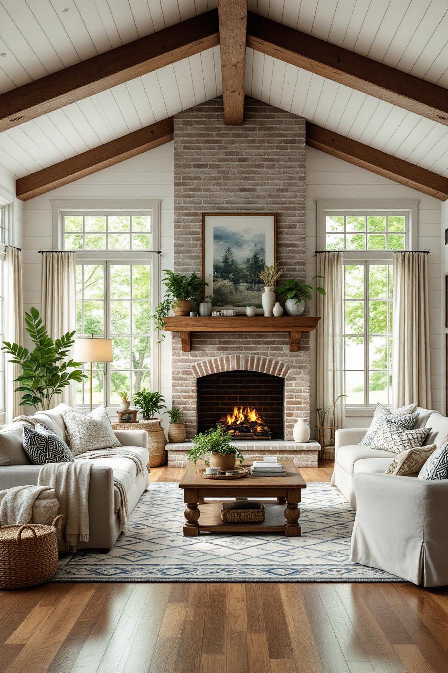 Inviting farmhouse living room with a fireplace and cozy seating