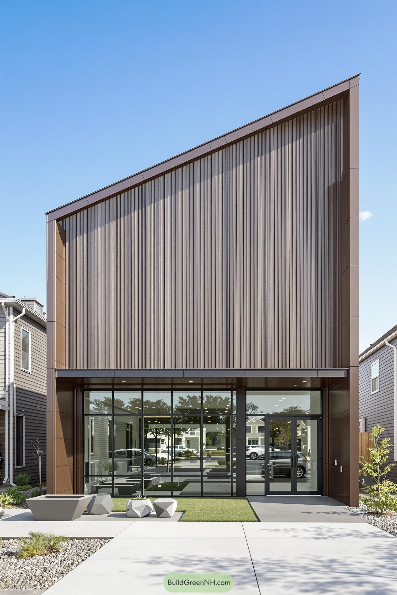 Modern industrial building with large glass front and angular roof