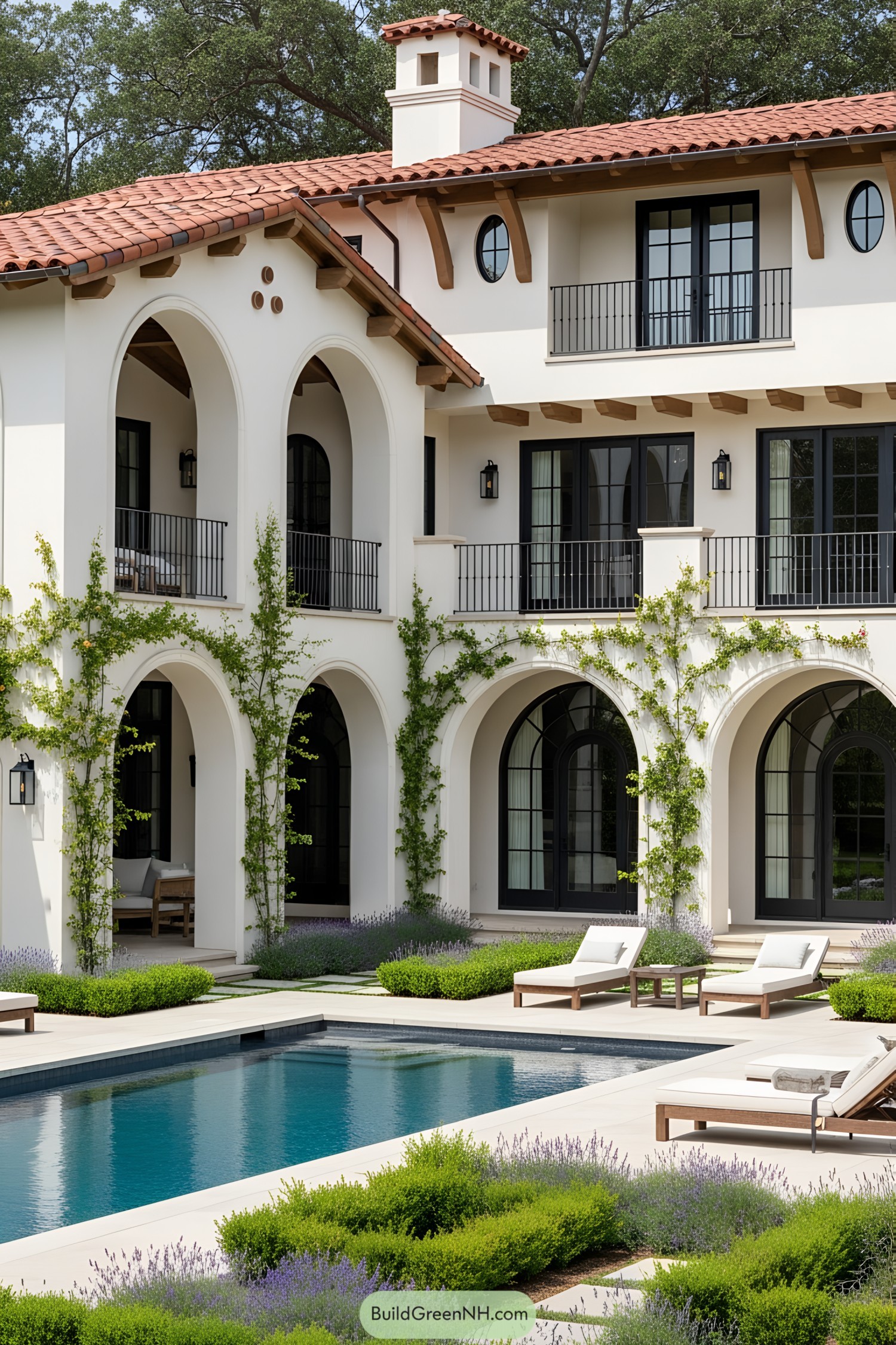 Luxurious poolside Mediterranean home with archways