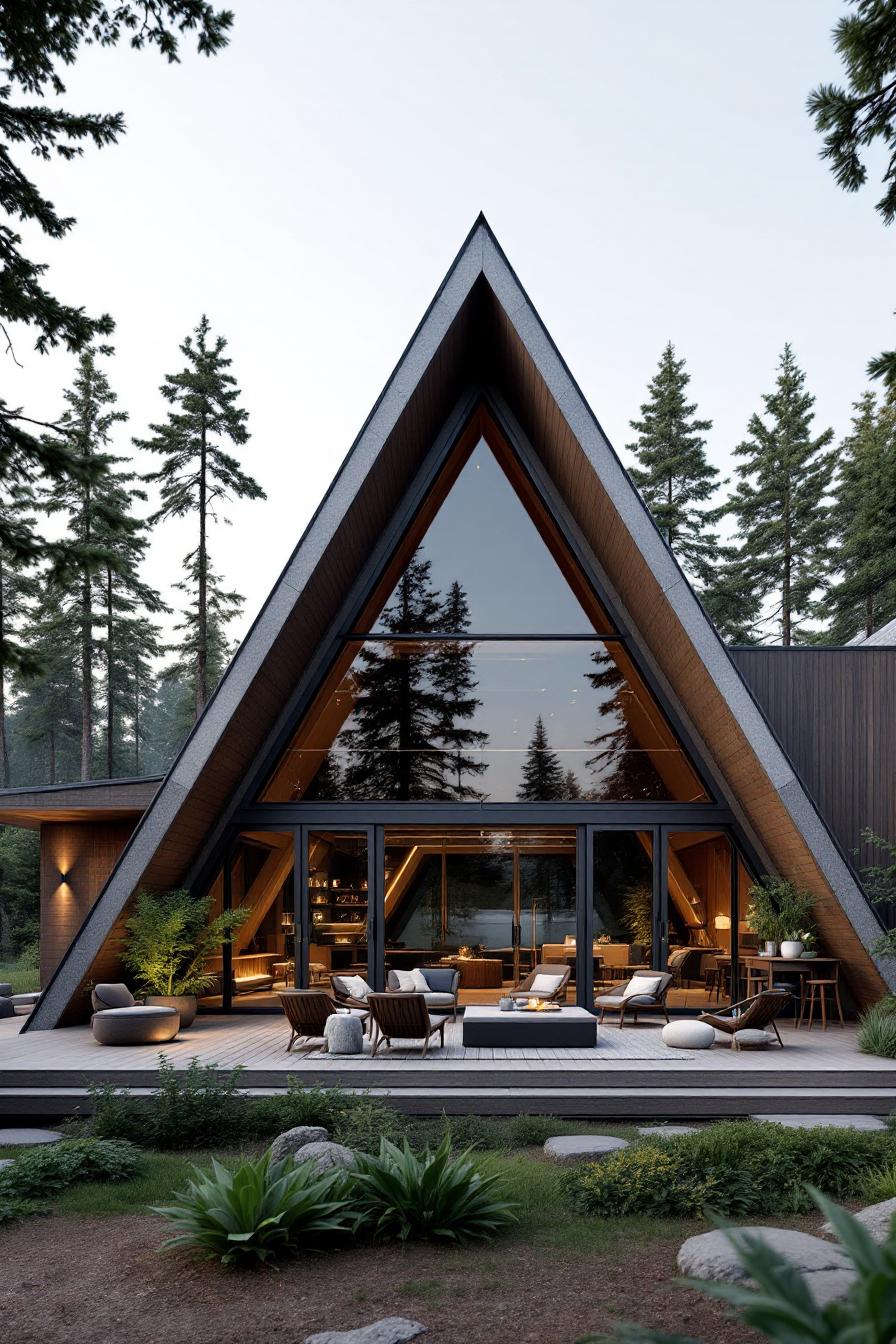 A-frame cabin with glass front and wood deck
