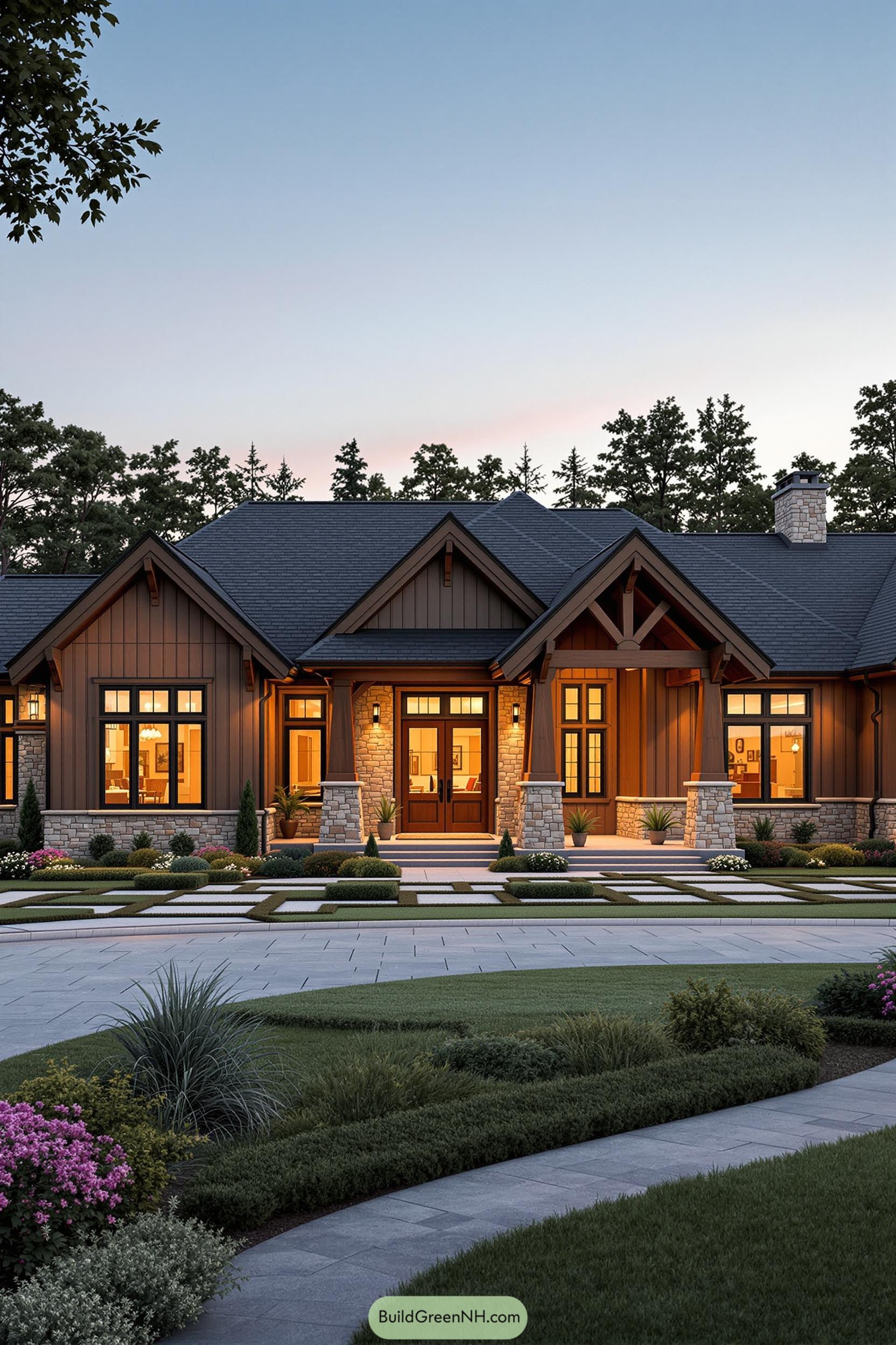 Front view of a stylish ranch house during sunset