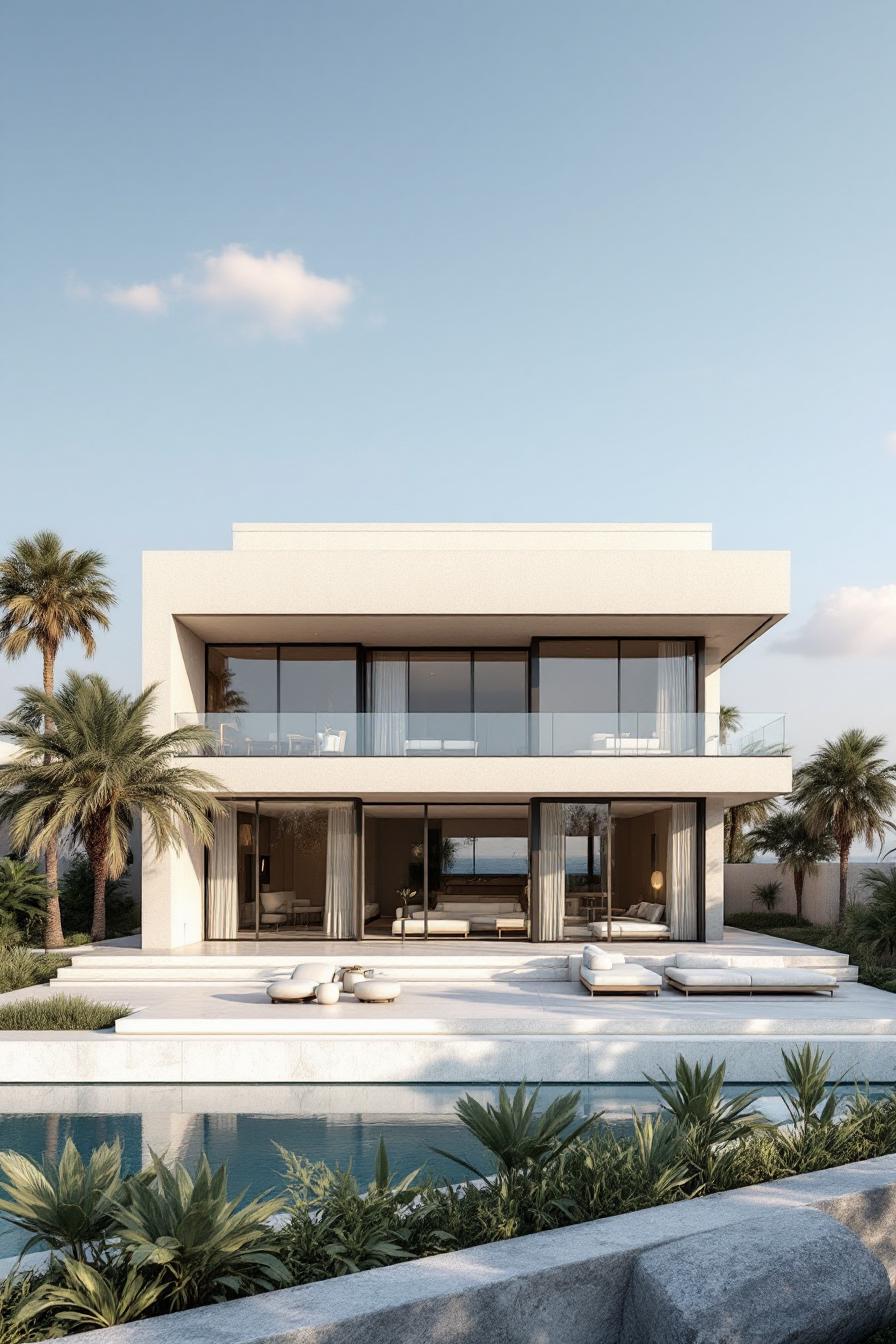 Modern luxury villa with large glass windows and pool